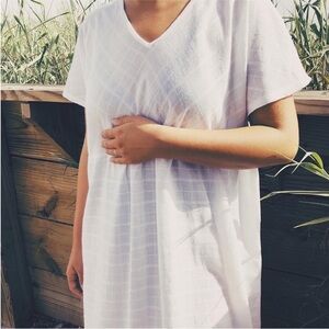 BECASA White Oversized 100% Linen Knee Length V Neck Dress Swim Cover Up Size XL